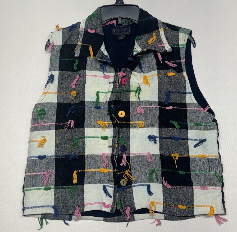 Life Style Womens XL Cotton Boho Peasant Vest Colorful Tassel Plaid Button Front